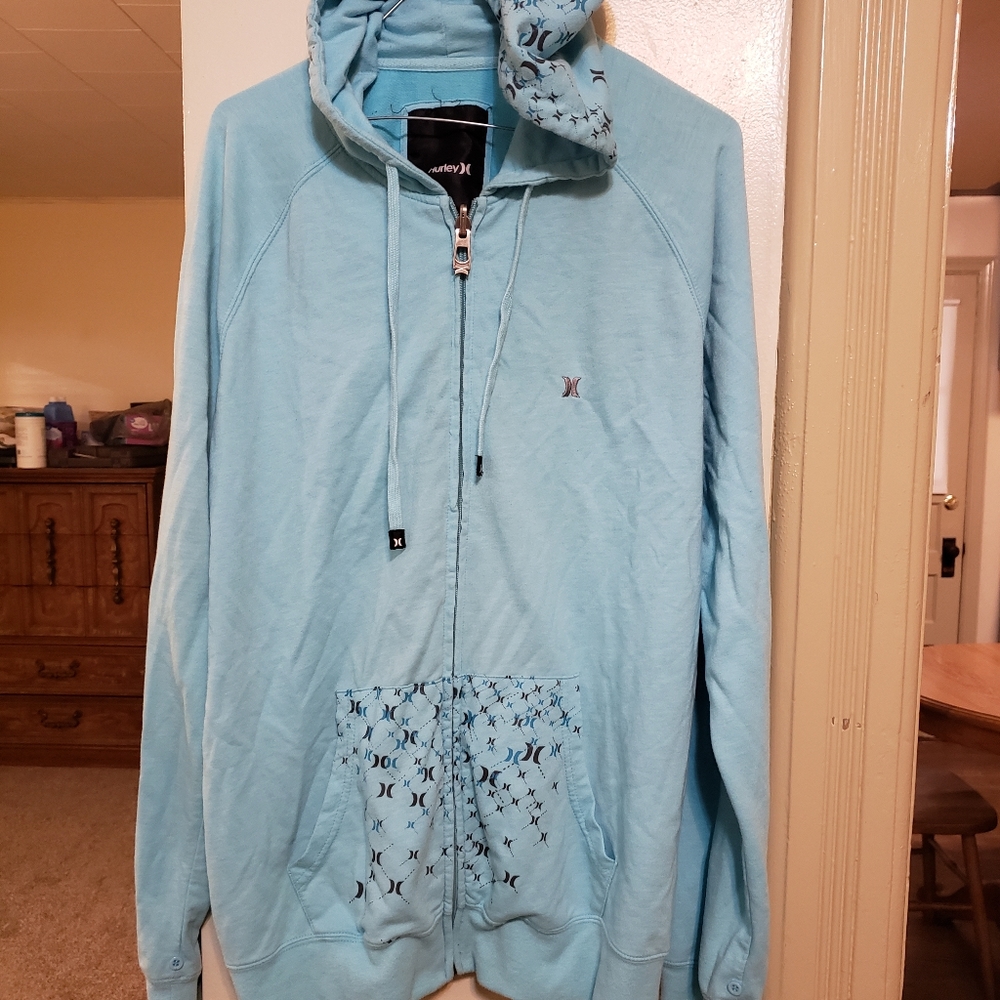 Hurley baby blue full zip up graphic hoodie jacket sz large in great condition